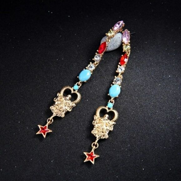Blue Red Rhinestone Crystal Abstract Gold Dangle Statement Earrings - Picture 6 of 6